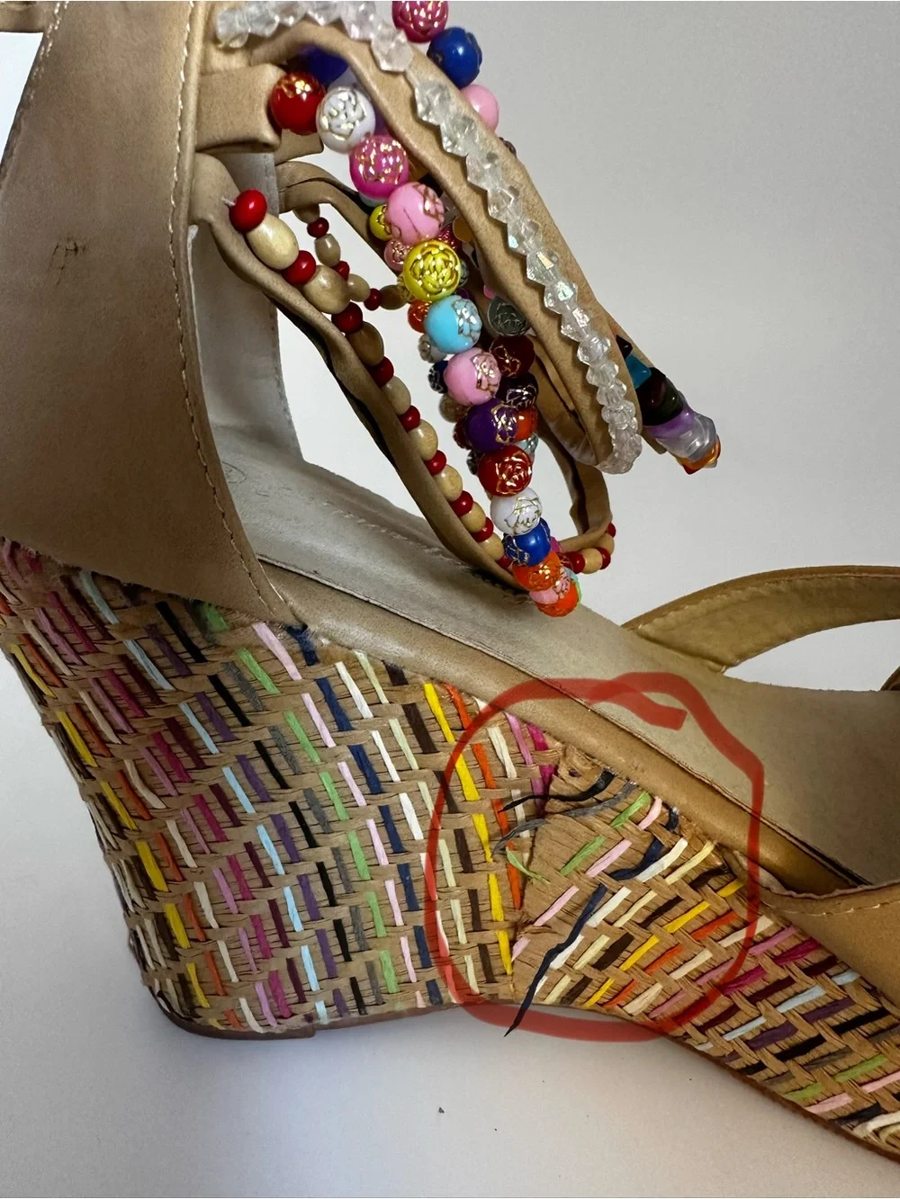 Getmorebeauty bohemian platform wedge tan sandal with bead ankle detail Sz 8.5